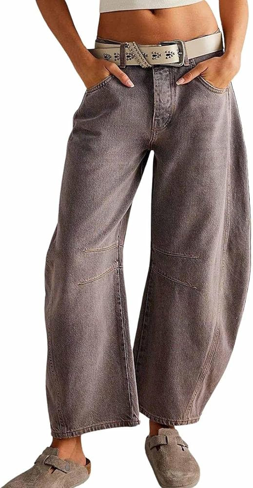 Womens Stretchy Mid Rise Barrel Jeans Vintage Loose Wide Leg Cropped Denim Pants Y2k Baggy Boyfri... | Amazon (US)
