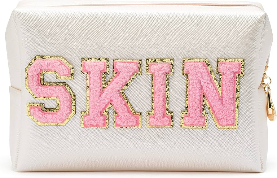 Y1tvei Preppy Patch SKIN Varsity Letter Cosmetic Toiletry Bag PU Leather Portable Makeup Bag Zipp... | Amazon (US)
