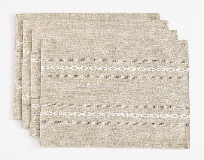 Wracra Cotton Linen Placemats, 14 x 19 Inch Set of 4 Fete Placemats Rustic Hemstitch Place Mats for  | Amazon (US)