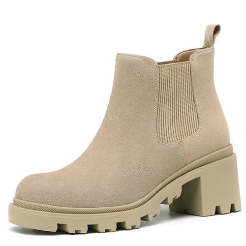 DECARSDZ Womens Apricot Suede Chelsea Booties Chunky Fashion Pull On Elastic Design Lug Sole Heel Classic Platform Ankle Boots | Amazon (US)
