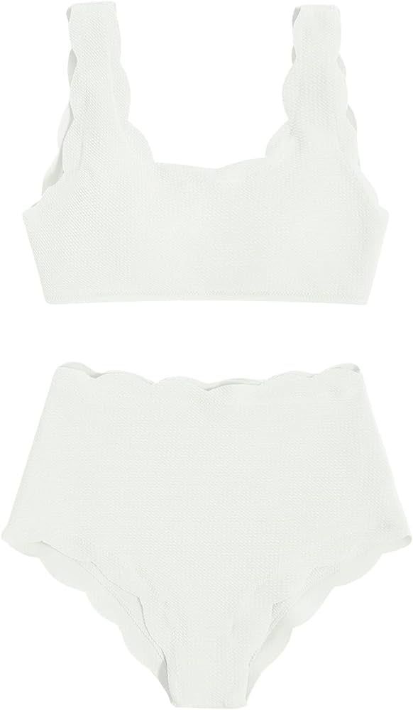 SweatyRocks Women's 2 Pieces Swimsuit High Waist Scalloped Trim Lace Up Bikini Set | Amazon (US)