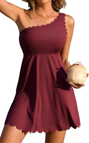 Charmo Ribbed One Shoulder Swim Dress Scalloped Tummy Control Swimsuits for Women Swimwear Built-... | Amazon (US)