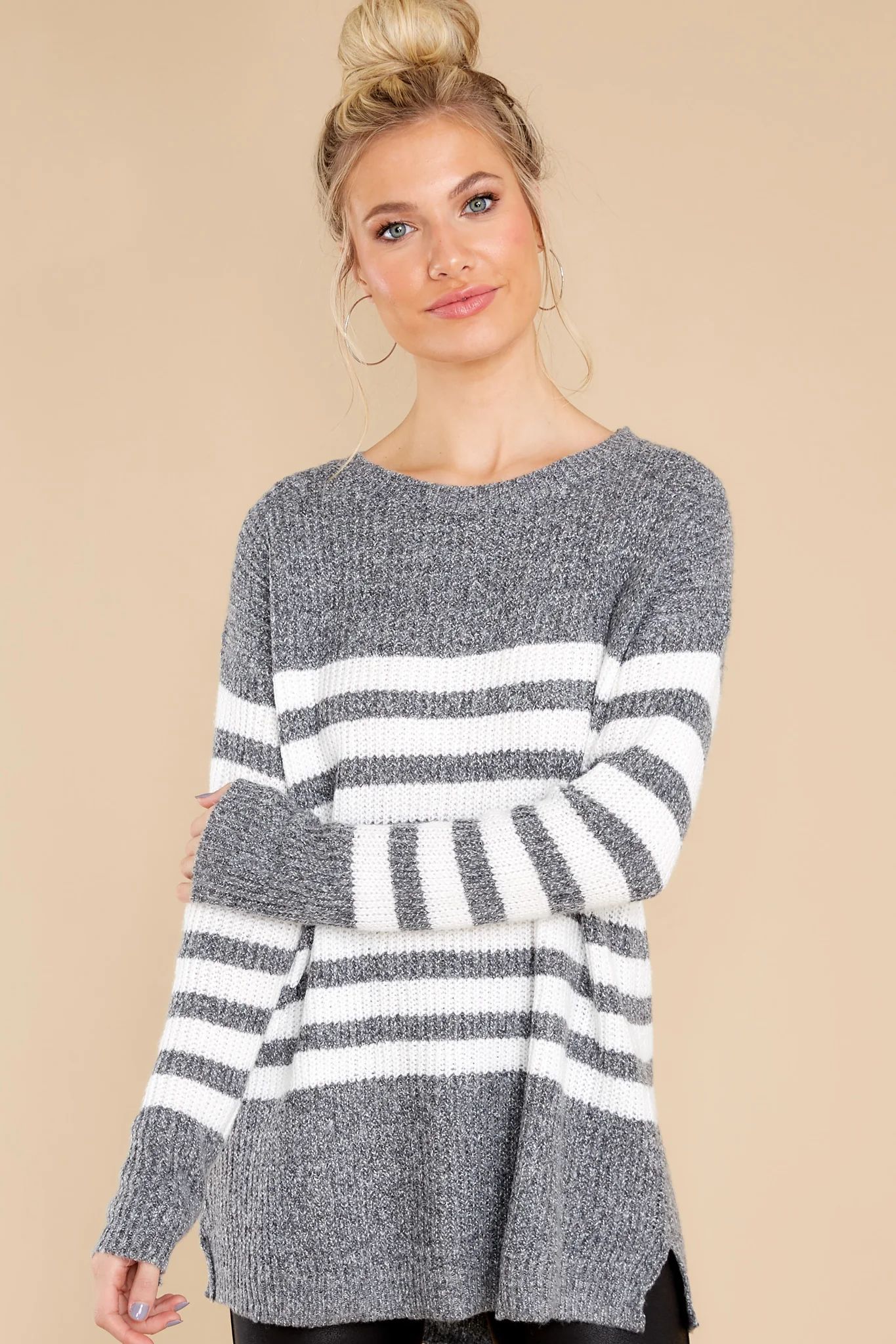 Getting Cozy Grey Stripe Sweater | Red Dress 