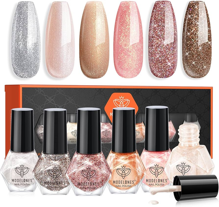 Modelones Nail Polish Set 6 Colors Gold Glitter Mini Nail Polish Set Winter Shimmer Pearl Pink Nu... | Amazon (US)