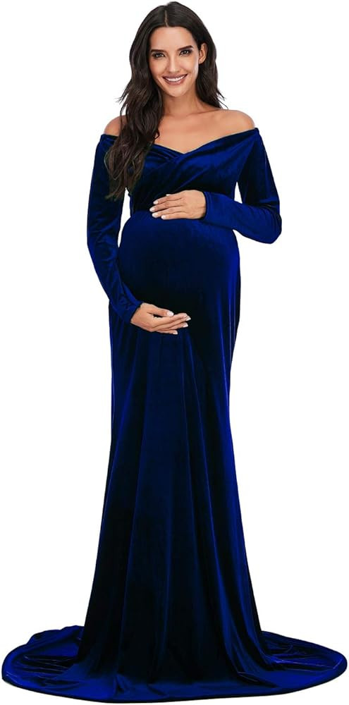 ZIUMUDY Velvet Maternity Off Shoulder Fitted Photography Gown Long Sleeve Maxi Photo Shoot Baby S... | Amazon (US)
