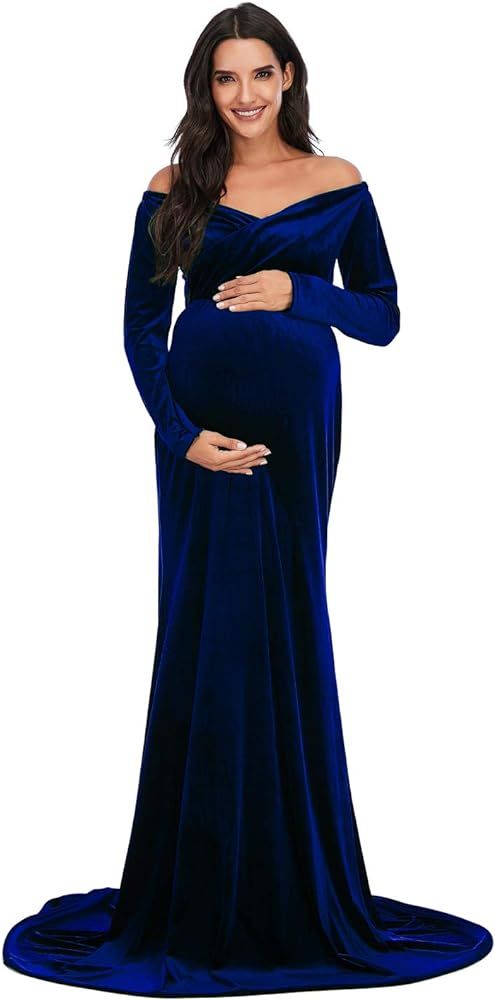 ZIUMUDY Velvet Maternity Off Shoulder Fitted Photography Gown Long Sleeve Maxi Photo Shoot Baby S... | Amazon (US)