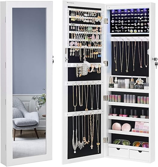 SONGMICS 6 LEDs Mirror Jewelry Cabinet, 47.3"H Lockable Wall/Door Mounted Jewelry Armoire Organiz... | Amazon (US)