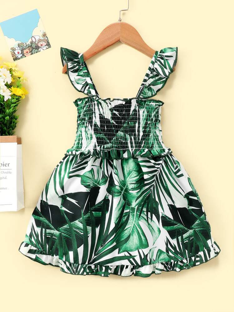 Toddler Girls Tropical Print Shirred Ruffle Trim Cami Dress | SHEIN