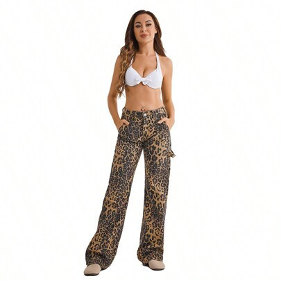 PinkyMoor Women's Leopard Print Cargo Low Rise Jeans Casual Wide Leg Pants Bottom Womenswear Cheetah Print | SHEIN