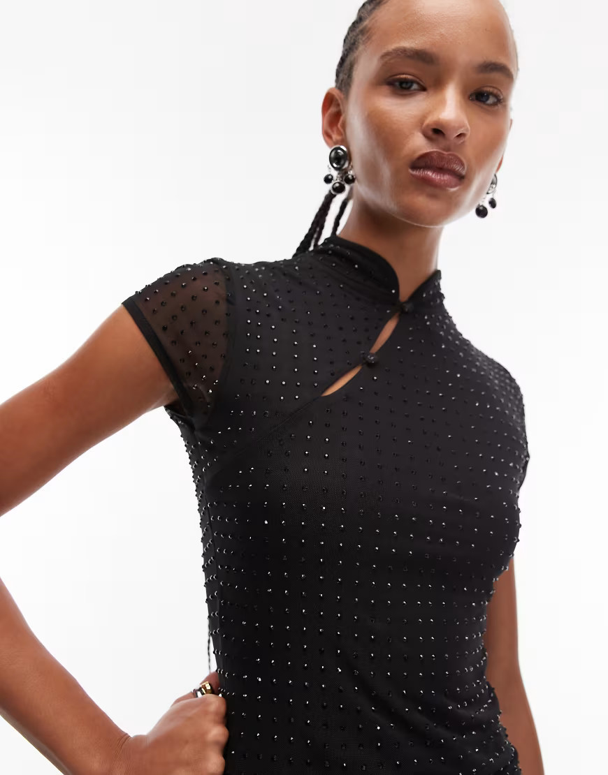 ASOS DESIGN rhinestone sheer mesh top with rouleau loop button detailing in black | ASOS (Global)