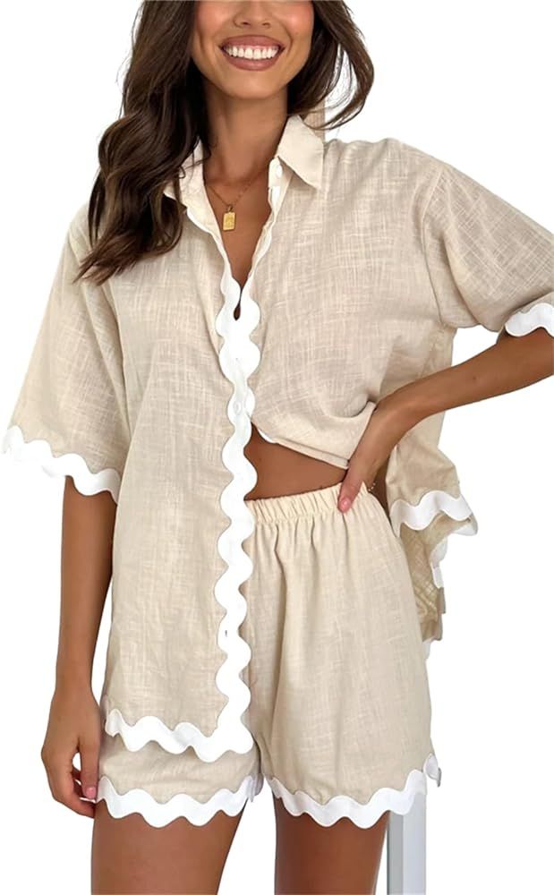 hathne Women's 2 Pieces Outfits Summer Ruffle Shorts Set Short Sleeve Shirts and Shorts Sets Loun... | Amazon (US)