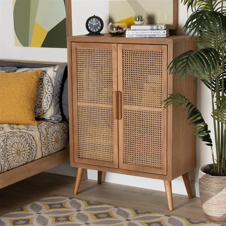 Baxton Studio Alina Mid-Century Modern Medium Oak Finished Wood and Rattan 2-Door Accent Storage ... | Walmart (US)