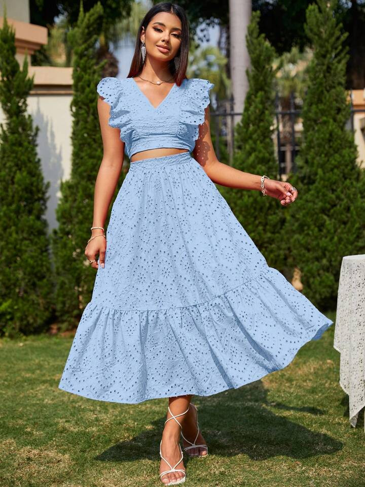 Glamaker Eyelet Embroidery Ruffle Trim Crop Top & Skirt | SHEIN
