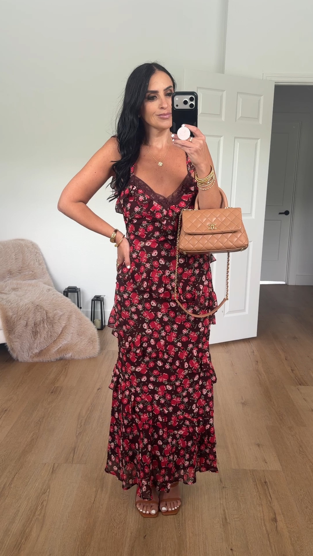 Petal & Pup Virginia Maxi Dress Brown Floral wearing size small