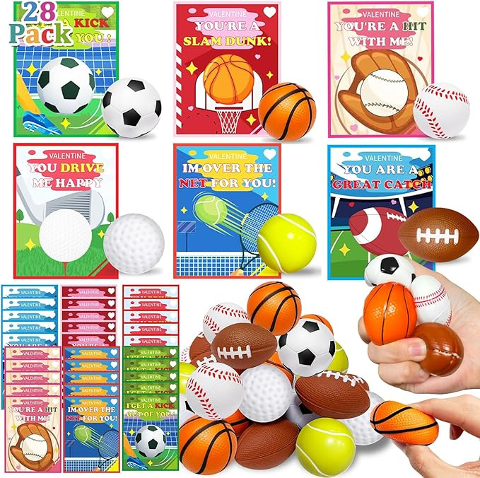 28 Pack Valentines Day Gifts for Kids Classroom Stress Balls Sports Valentines Day Cards for Kids... | Amazon (US)