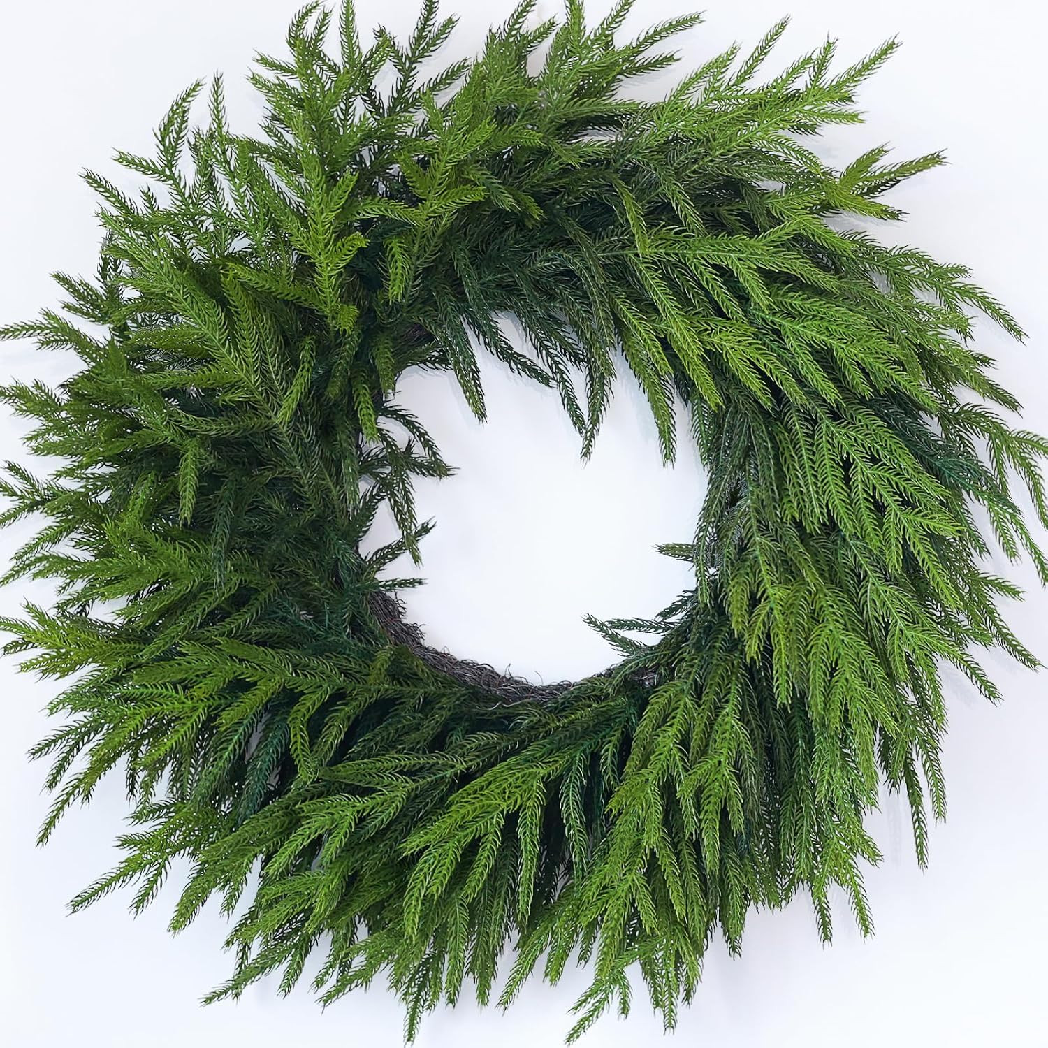 24" Real Touch Norfolk Pine Wreath for Front Door, Artificial Christmas Wreaths Faux Pine Needles Green Fake Wreath for Walls Windows Porches Farmhouse Indoor Outdoor Home Decor | Amazon (US)