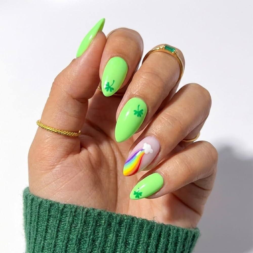 Press on Nails Green Almond Shape St Patricks Day Shamrock Clover Rainbow Clouds Designs Short to... | Amazon (US)