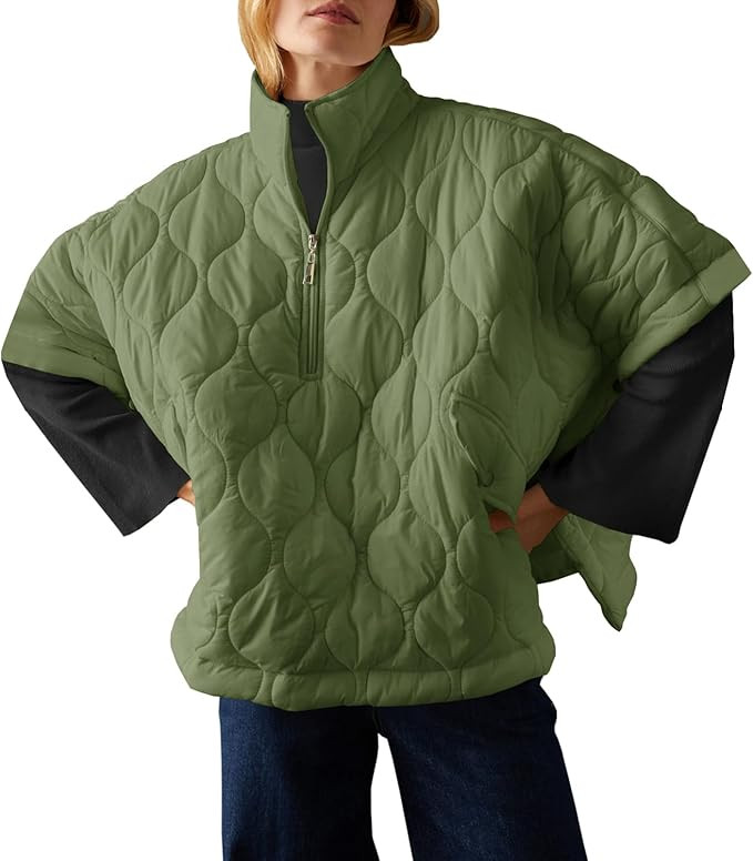 Fazortev Women's Puffer Poncho Pullover Quilted Jacket Short Sleeve Half Zipper Coat Cape Outerwe... | Amazon (US)
