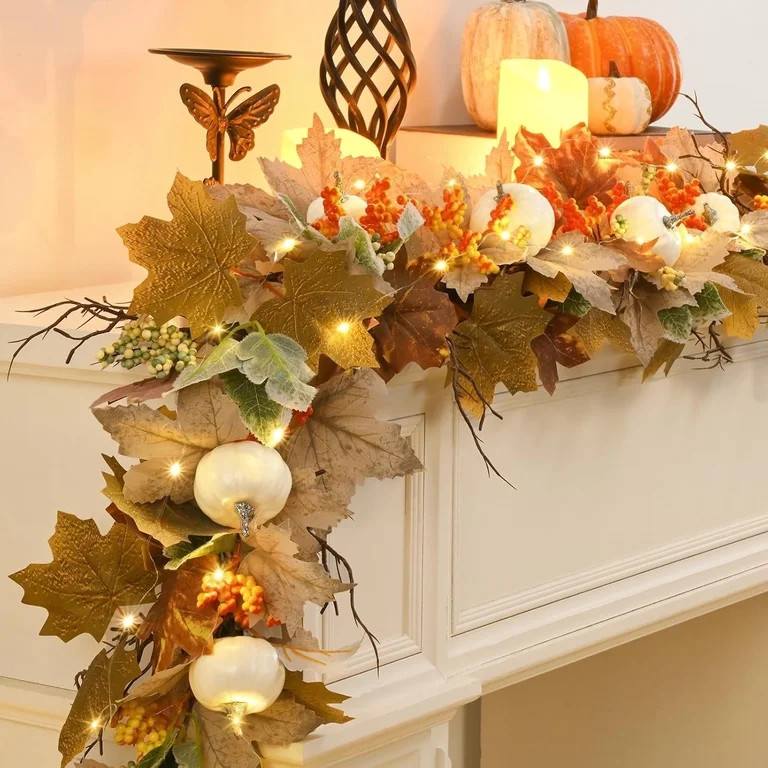 Waipfaru Lighted Fall Garland with Maple Leaves White Pumpkins Berry,6FT Artificial Autumn Fall D... | Walmart (US)