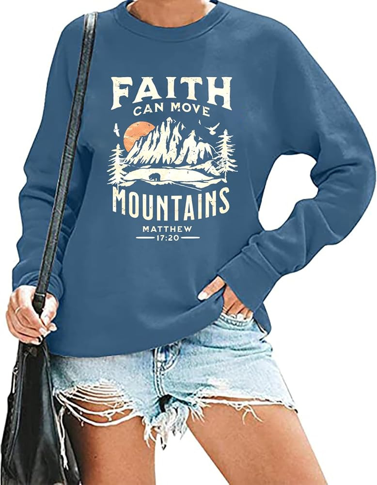 Faith Can Move Mountains Sweatshirt Women Outdoor Camping Hiking Pullover Christian Faith Long Sl... | Amazon (US)
