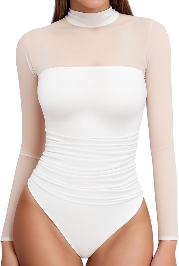 MANGOPOP Women's Mock Turtle Neck Bodysuit Mesh Long Sleeve Body Suit Sexy Ruched Sheer Going Out... | Amazon (US)