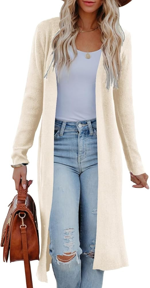 Womens Long Cardigans Open Front Maxi Cardigan Sweaters Casual 2023 Fall Side Slit Knitted Sweate... | Amazon (US)