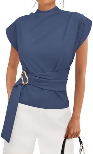 PRETTYGARDEN Women Blouses Spring Dressy Cap Sleeve Mock Neck Work Shirts Buckle Tunic Summer Bus... | Amazon (US)