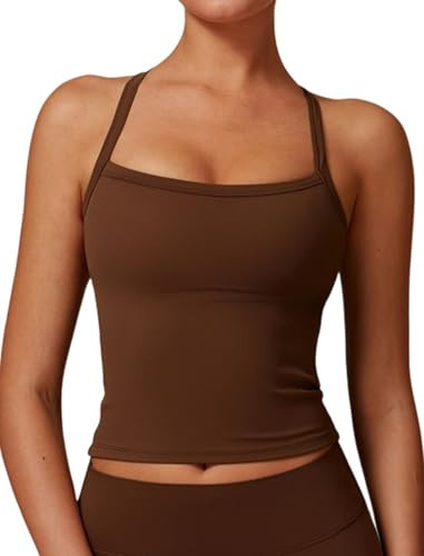 Womens Scoop Neck Longline Sports Bras Fixed Cross Back Women Workout Crop Tank Tops with Built in Bra Active Wear Athletic Work Out Gym Yoga Padded Bra Tank Top Brown M | Amazon (US)