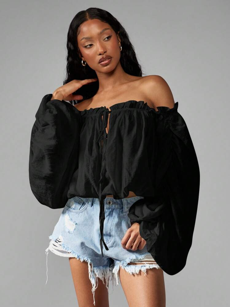 MISSGUIDED Off Shoulder Balloon Sleeve Peasant Blouse Ruffle Trim Semi Sheer Boho Summer Crop Top... | SHEIN