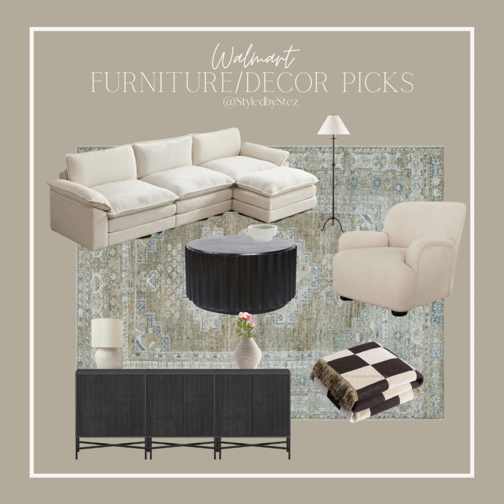 Walmart furniture/decor picks, white couch, white sectional, neutral area rug. Black cabinet, black buffet, black sideboard, checkered throw, black floor lamp, white accent chair, round coffee table, black coffee table 

#LTKhome