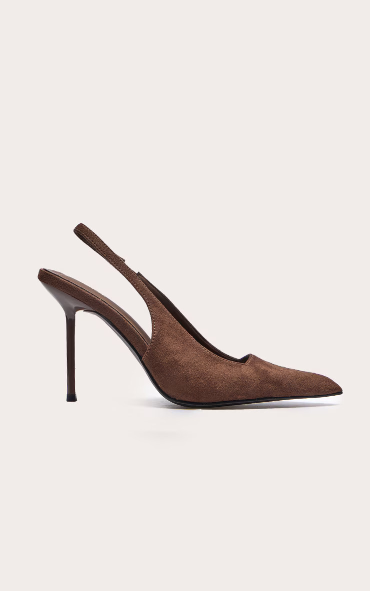Chocolate Faux Suede Point Toe Sling Back Heeled Courts | PrettyLittleThing UK