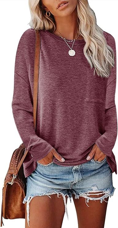 MEROKEETY Womens Casual Long Sleeve Crewneck Tops Solid Color Pullover Shirts with Pocket | Amazon (US)