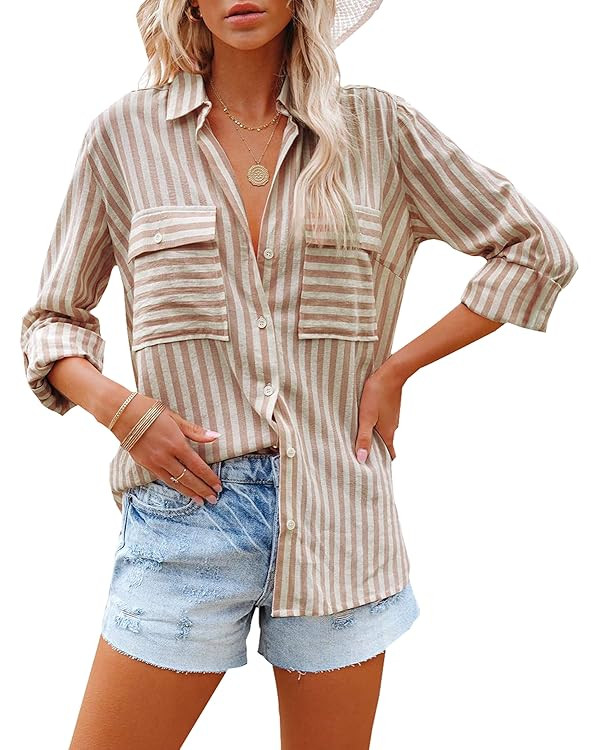 OMSJ Women's Striped Button Down Shirts Casual Long Sleeve Stylish V Neck Blouses Tops with Pocke... | Amazon (US)