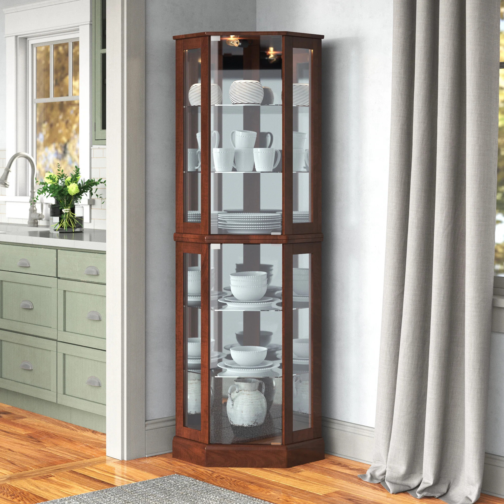 Schmidt Wood/Glass Lighted Corner Curio Cabinet 72" H | Wayfair North America