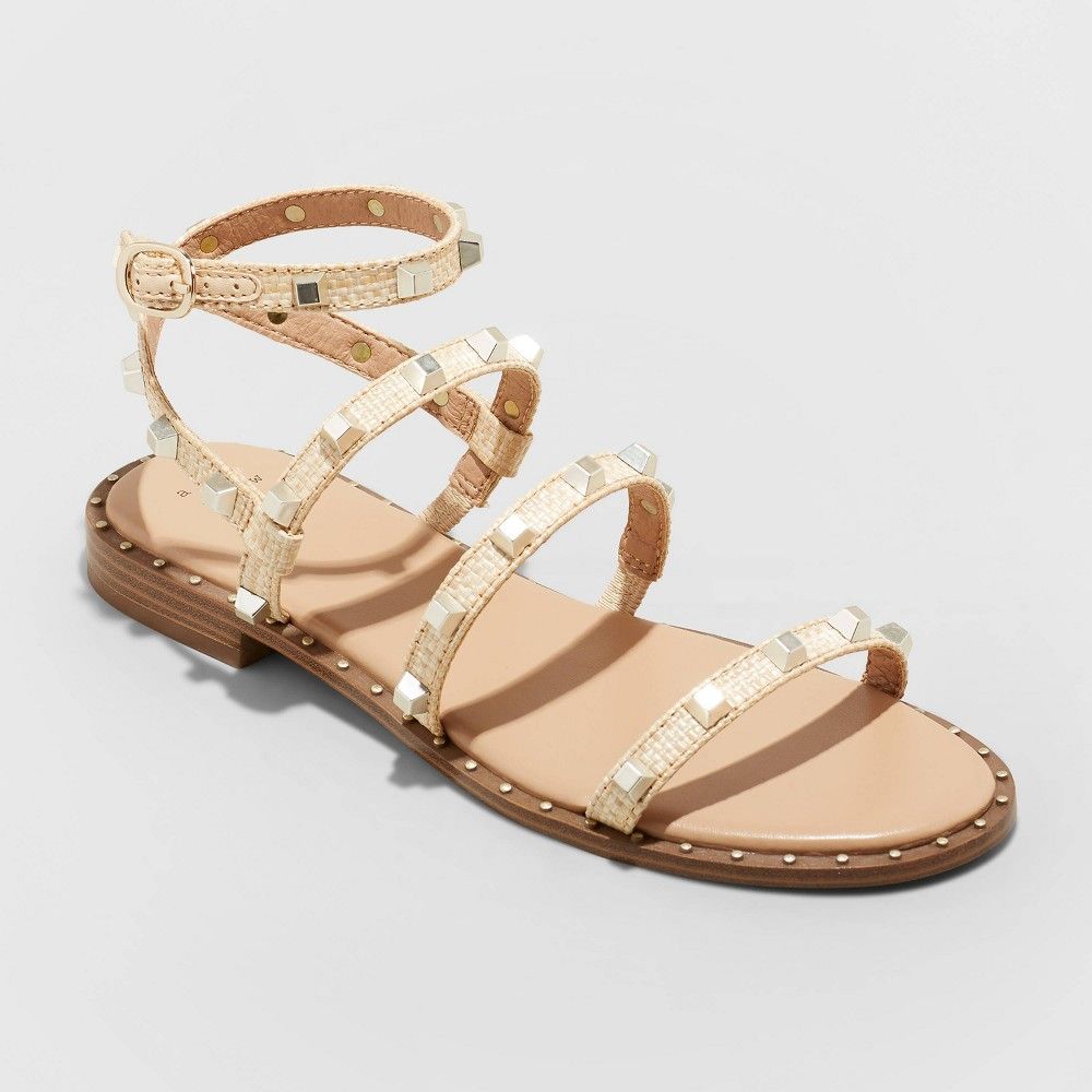 Women's Astrid Wide Width Studded Strappy Sandals - A New Day Natural 7.5W, Beige | Target