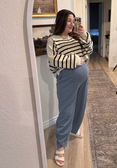 A striped sweater is a closet staple! I wear mine from season to season, and it can be dressed up or down!! Love it during pregnancy to stay comfortable and stylish! 

Sweater: size xs 
Pants: size medium 
Shoes: run TTS 

striped sweater, wide leg pants, lounge pants, maternity outfit, third trimester outfit, ootd, what I wore while pregnant 

#LTKFindsUnder100 #LTKStyleTip #LTKBump