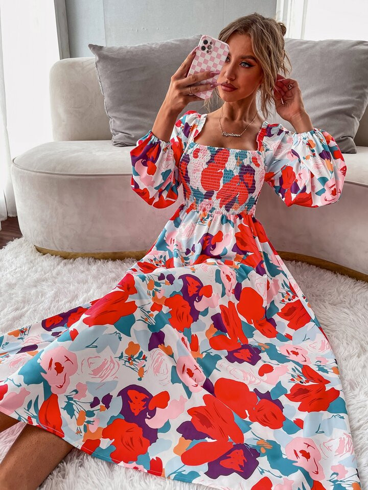SHEIN VCAY Floral Print Shirred Bishop Sleeve Square Neck A-line Dress | SHEIN