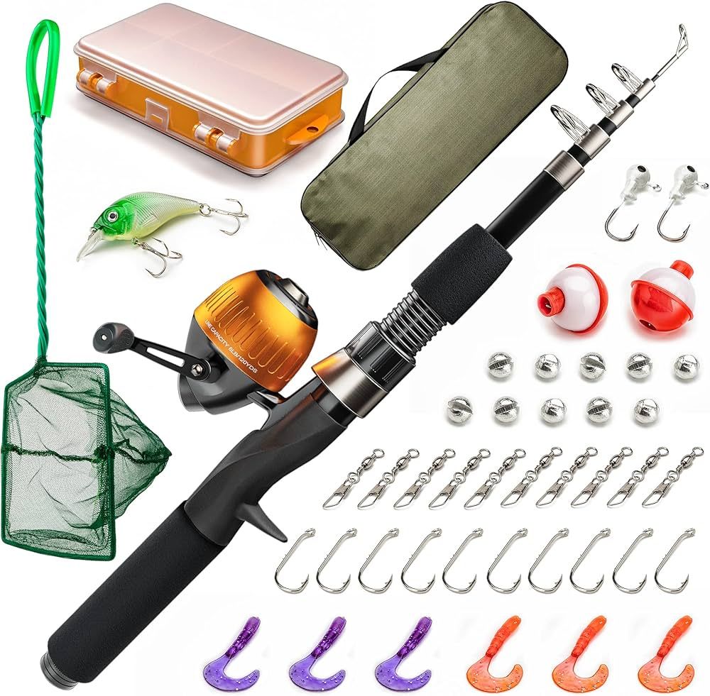 Lanaak Kids Fishing Pole and Tackle Box - with Net, Travel Bag, Reel and Beginner’s Guide - Rod... | Amazon (US)