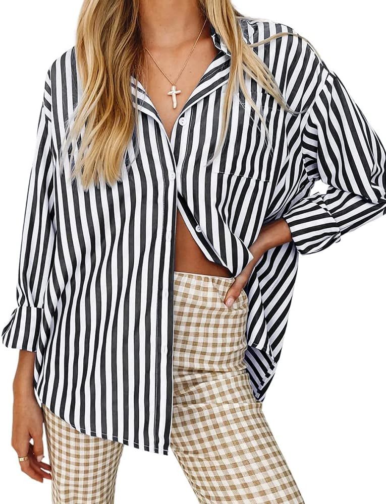 Women's Blouses Striped Long Sleeve Shirts Button Down Loose Fit Casual Tops | Amazon (US)