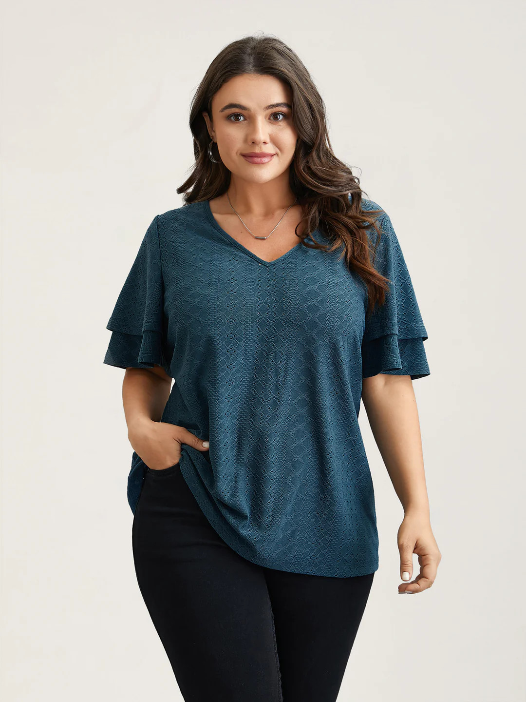 Jacquard Textured Lotus Leaf Sleeve Top | Bloomchic
