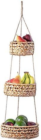 Hanging Fruit Basket 3 Tier, Woven Wicker Seagrass Wall Baskets, Boho Kitchen Storage Produce Veg... | Amazon (UK)