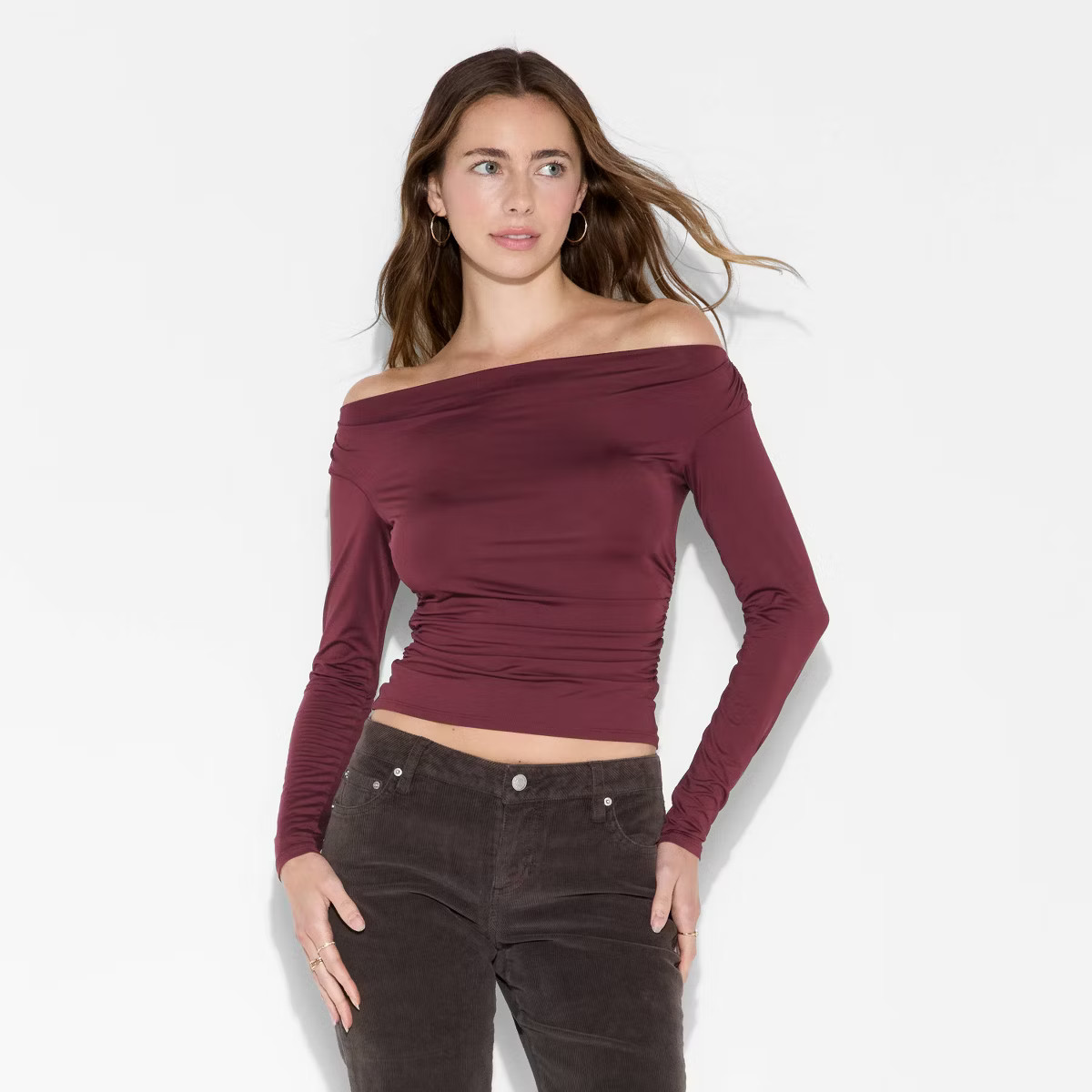 Women's Long Sleeve Synthetic Off the Shoulder Party Top - Wild Fable™ Burgundy L | Target