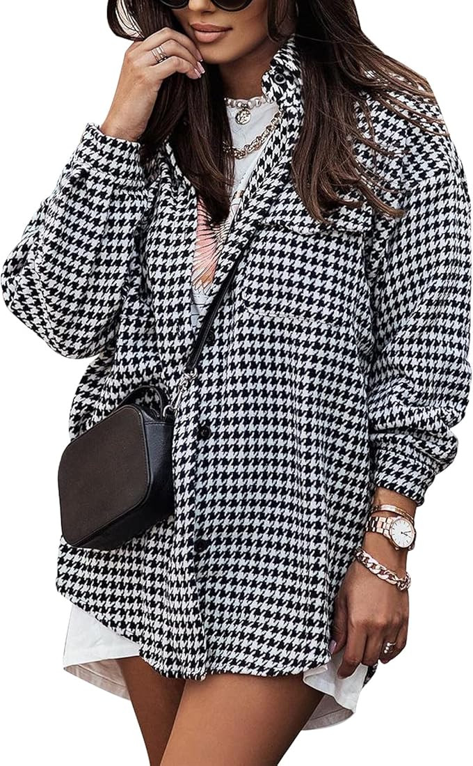 Yimoon Plaid Jacket Women Casual Houndstooth Jacket Flannel Shacket Loose Long Sleeve Shirt Butto... | Amazon (US)