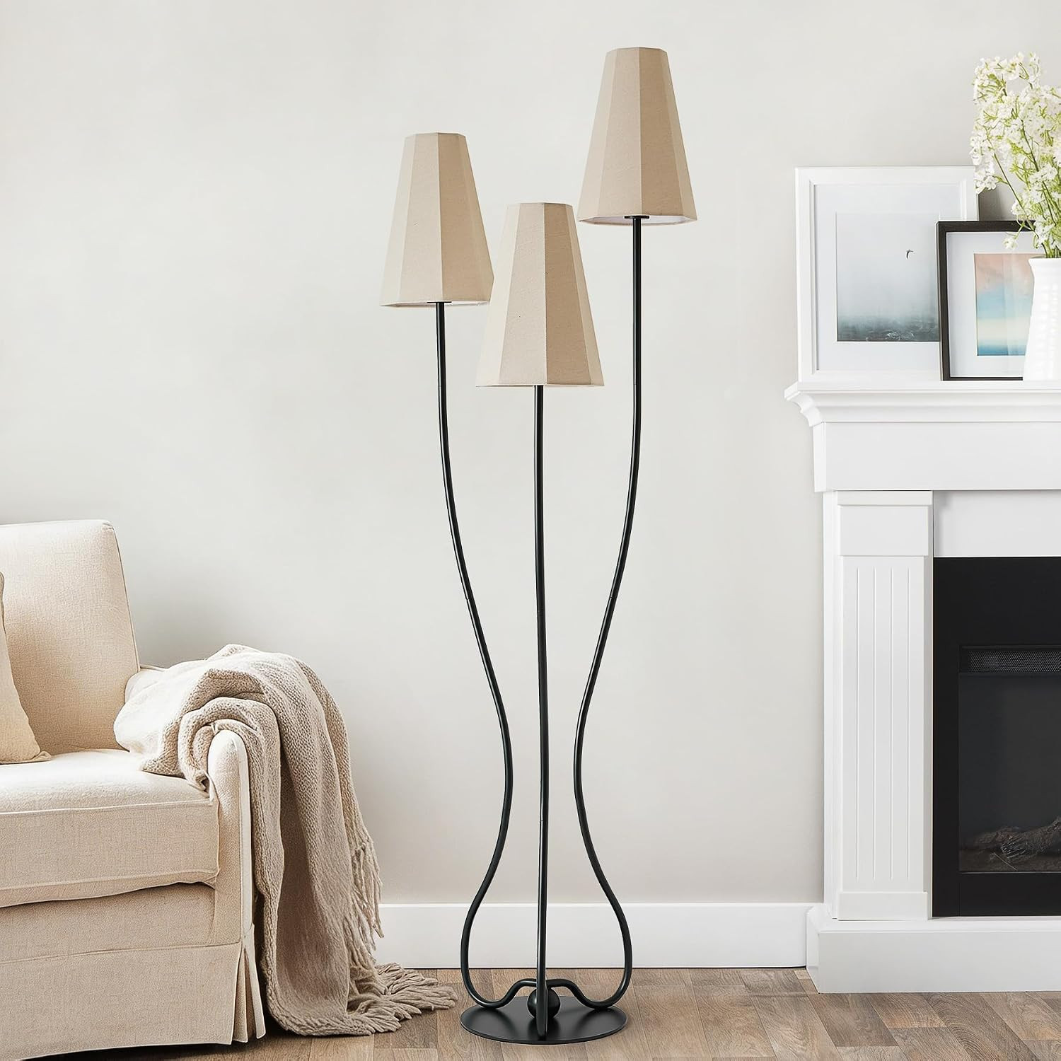 Artistic Vintage Floor Lamp, 3-Light Standing Lamps with Sculptural Curved Iron Base & Octagonal Linen Shades, Statement Lighting for Living Room, Bedroom, Studio | Amazon (US)