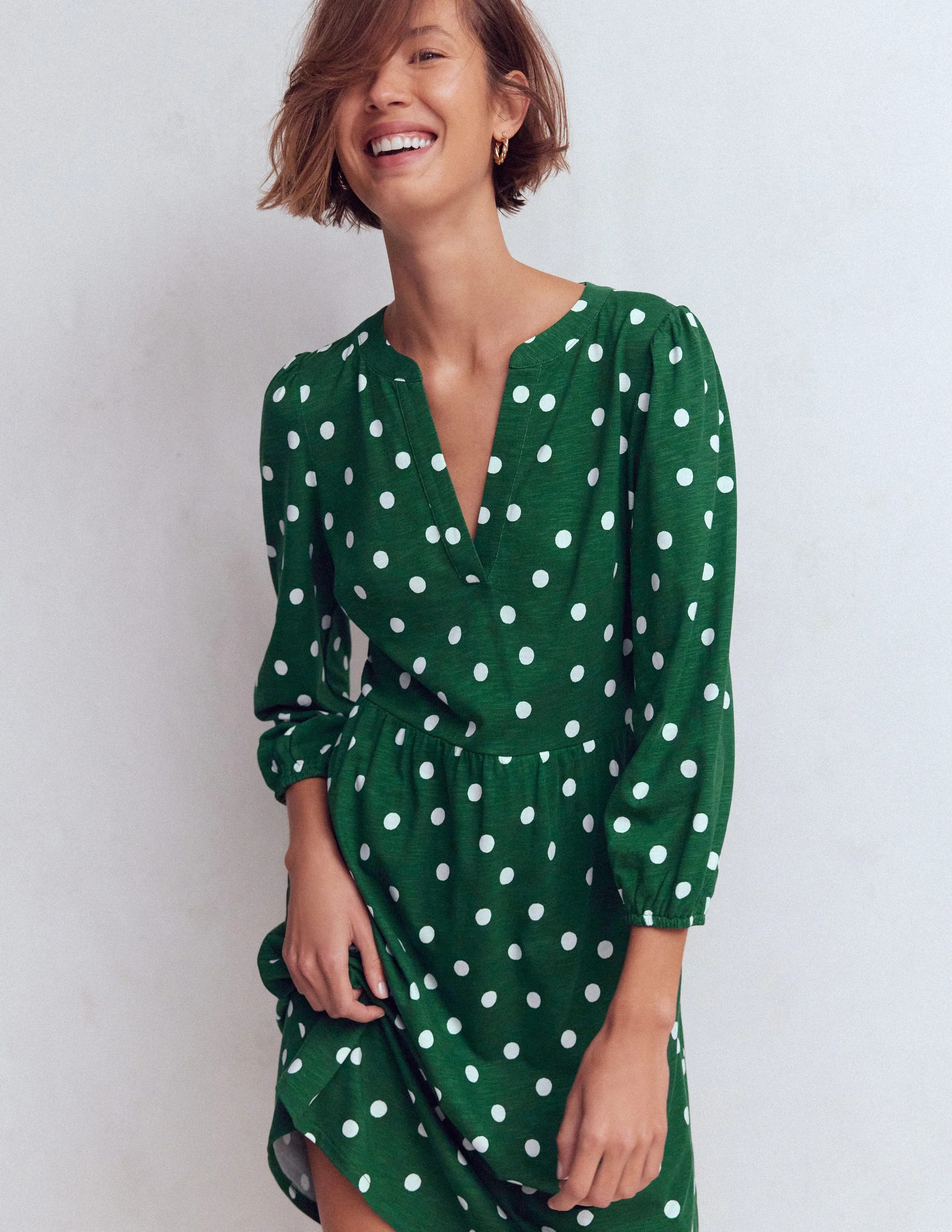 Cathy Notch Neck Jersey Dress-Hunter Green, Painted Dot | Boden (US)