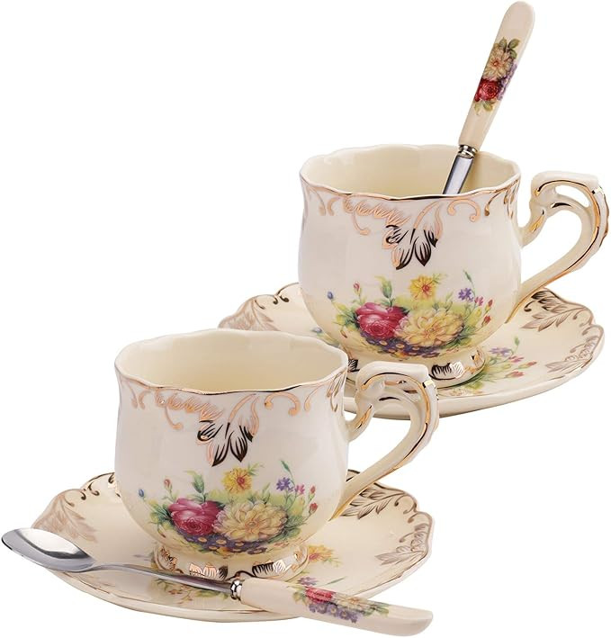 Foraineam Set of 2 Tea Cup and Saucer, 8 oz. Flowering Shrubs Ivory Ceramic Coffee Cup Fancy Flor... | Amazon (US)