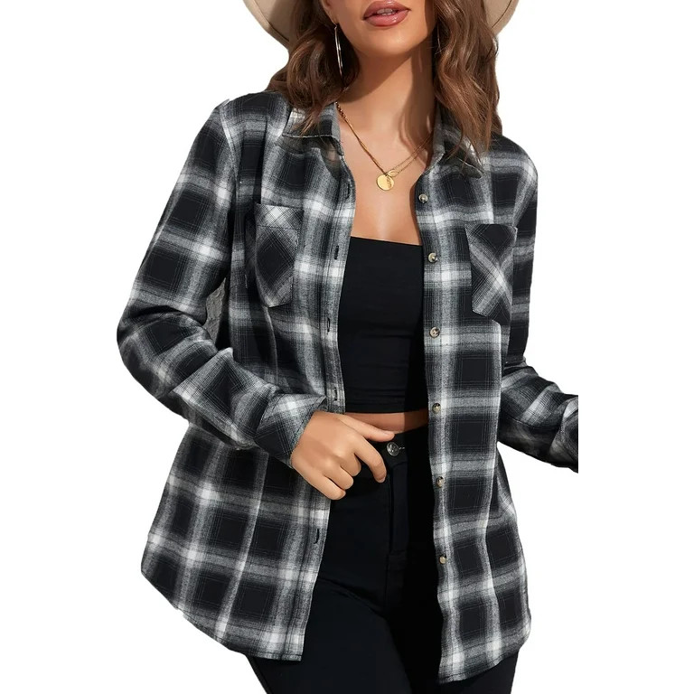 UVN Plaid Shirt for Women Oversized Flannel Long Sleeve Shirts Casual Button Down Blouse Tops wit... | Walmart (US)