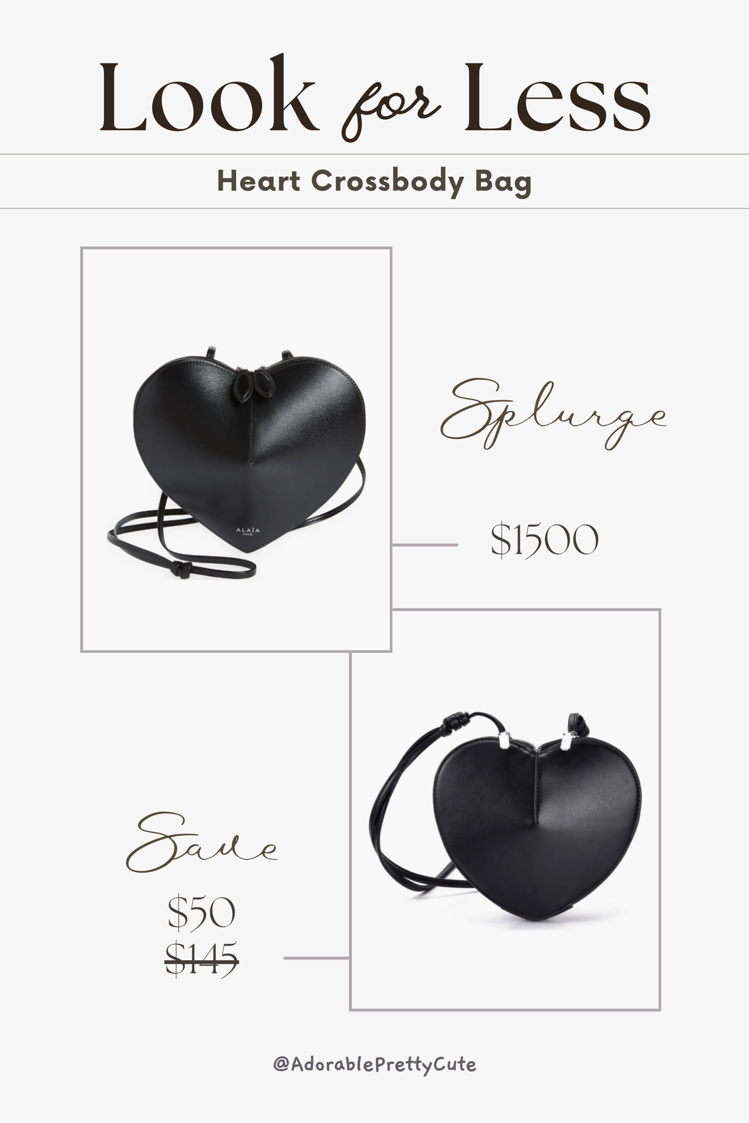 Look for Less｜Black Heart Crossbody Bag 🖤👜
A sleek black heart-shaped crossbody that adds a playful but polished touch to everyday outfits. A statement mini bag shape that works for day or night.
#LookForLess #SaveOrSplurge #HeartBag #HeartCrossbody #Alaia #LeCoeur #BlackMiniBag #StatementBag #CuteButChic #EveningBag #MiniCrossbody #BagTrend #LTKFinds #LTKsale 

 #LTKstyletip #LTKbag #LTKdatenight
