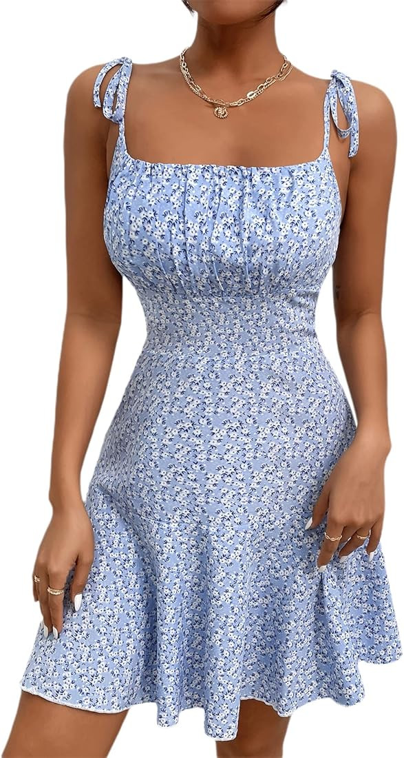 WDIRARA Women's Floral Print Cami Dress Tie Shoulder Sleeveless Flared Dresses | Amazon (US)