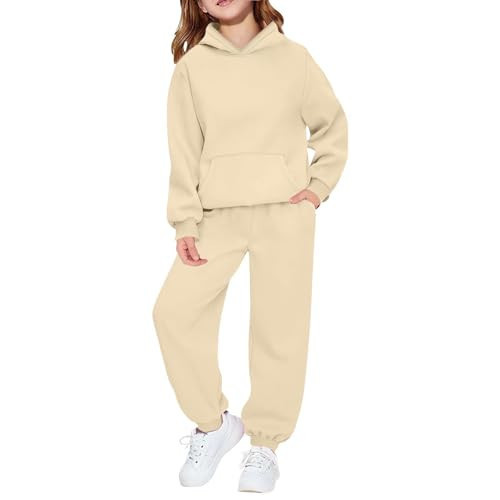 Hoodie Sweatsuit Set for Boys Girls 2 Piece Hooded Sweatshirt Jogger Sweatpants Tracksuit Kids Athletic Solid Outfits Beige 13-14 Years | Amazon (US)